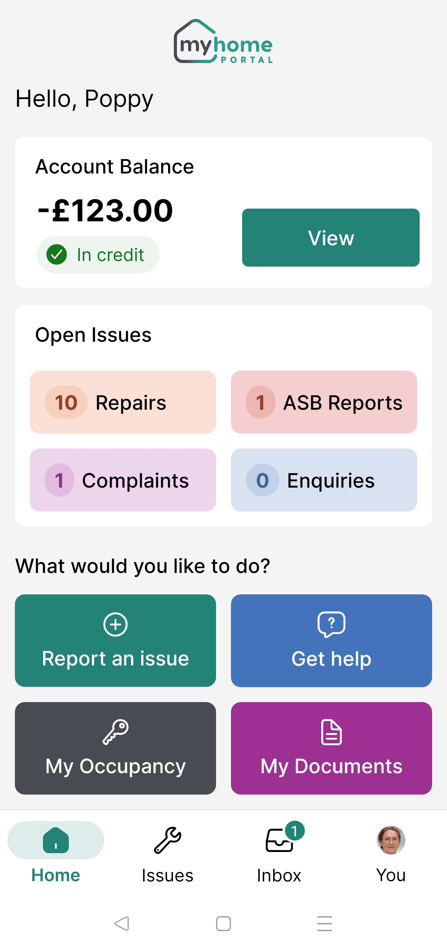 My Home Portal dashboard screenshot